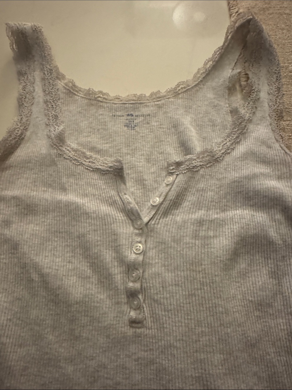 Brandy Melville Light Gray Ribbed Lace-Trim Henley Tank